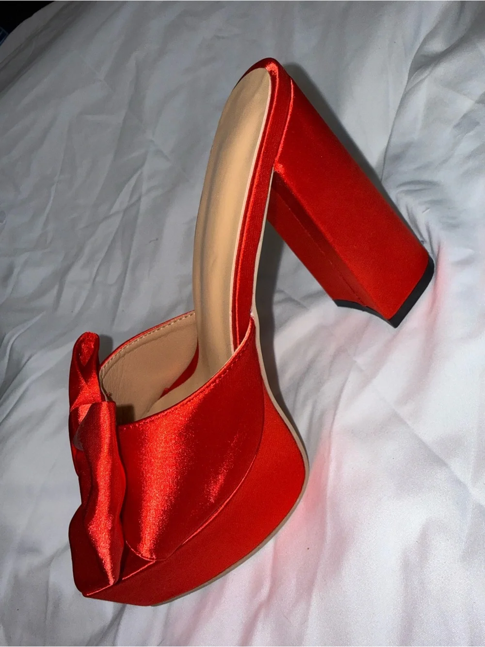 SHEIN Red Satin Bow Platform Slide Heels
